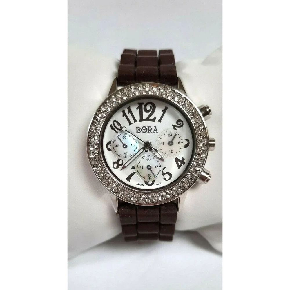 Bora Women's Watch Brown Numbers Silicone‎ Band Quartz Crystal Bezel Pre-owned